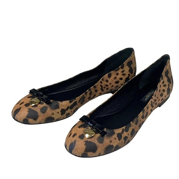 NWT Dolce & Gabbana Ballet Flats Sz.9.5 Leopard Print Leather Bow Designer Chic - Picture 1 of 13